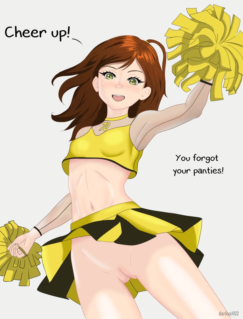 accidental_exposure bottomless_skirt brown_eyes brown_hair cheerleader cheerleader_uniform clothed_female darkusv02 malfunction melody_mew no_panties pussy pussy_lips skirt skirt_lift smiley_face tagme upskirt wardrobe_malfunction