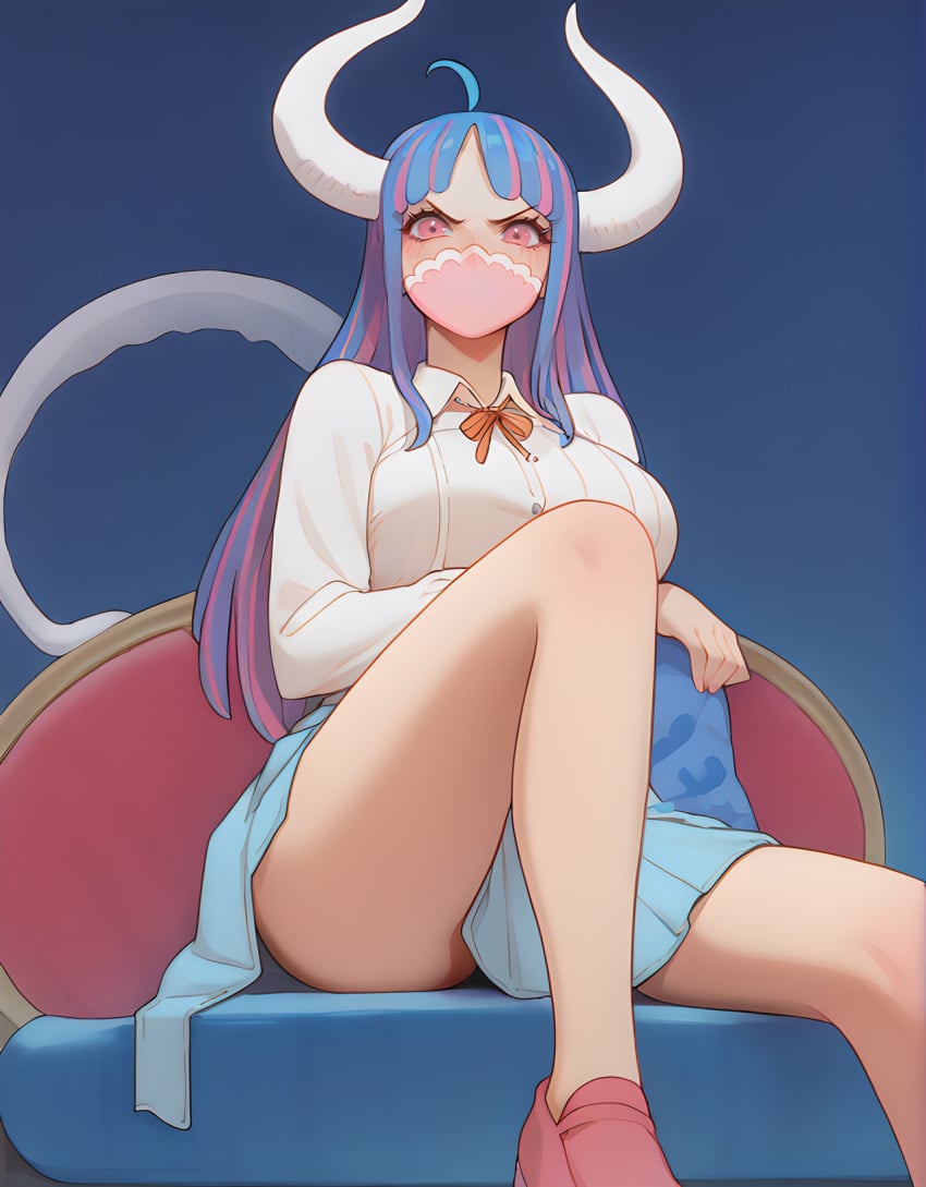 ai_generated angry big_breasts blush breasts cute female female_only horns long_hair looking_at_viewer multicolored_hair one_piece ribbon sitting skirt thighs trompitpro ulti_(one_piece)