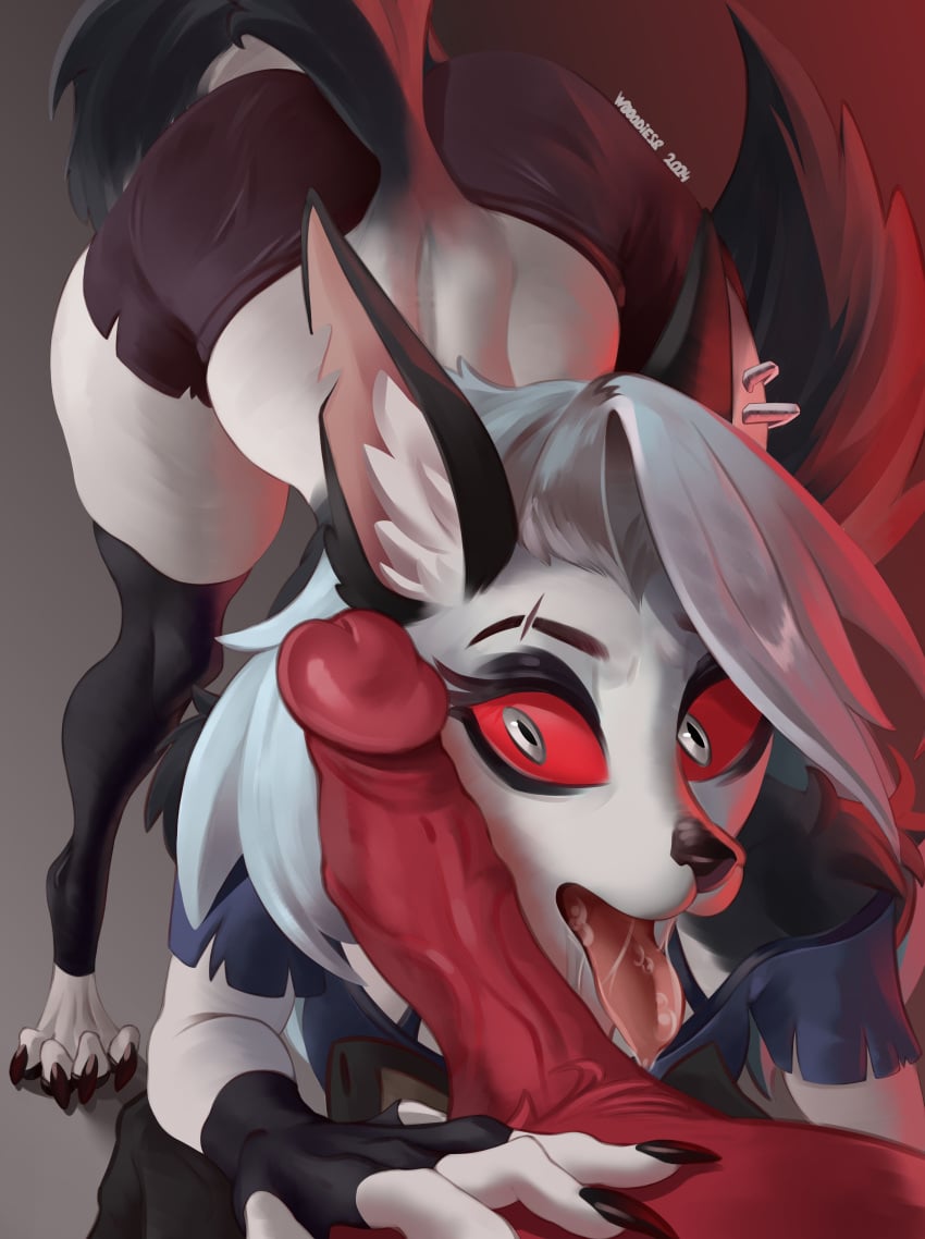 absurd_res ahe_gao anthro canid canid_demon canine canis clothing demon duo ear_piercing female genitals hellhound helluva_boss hi_res looking_pleasured loona_(helluva_boss) mammal mythological_canine mythological_creature mythology penis piercing solo tail wolf wooodies8