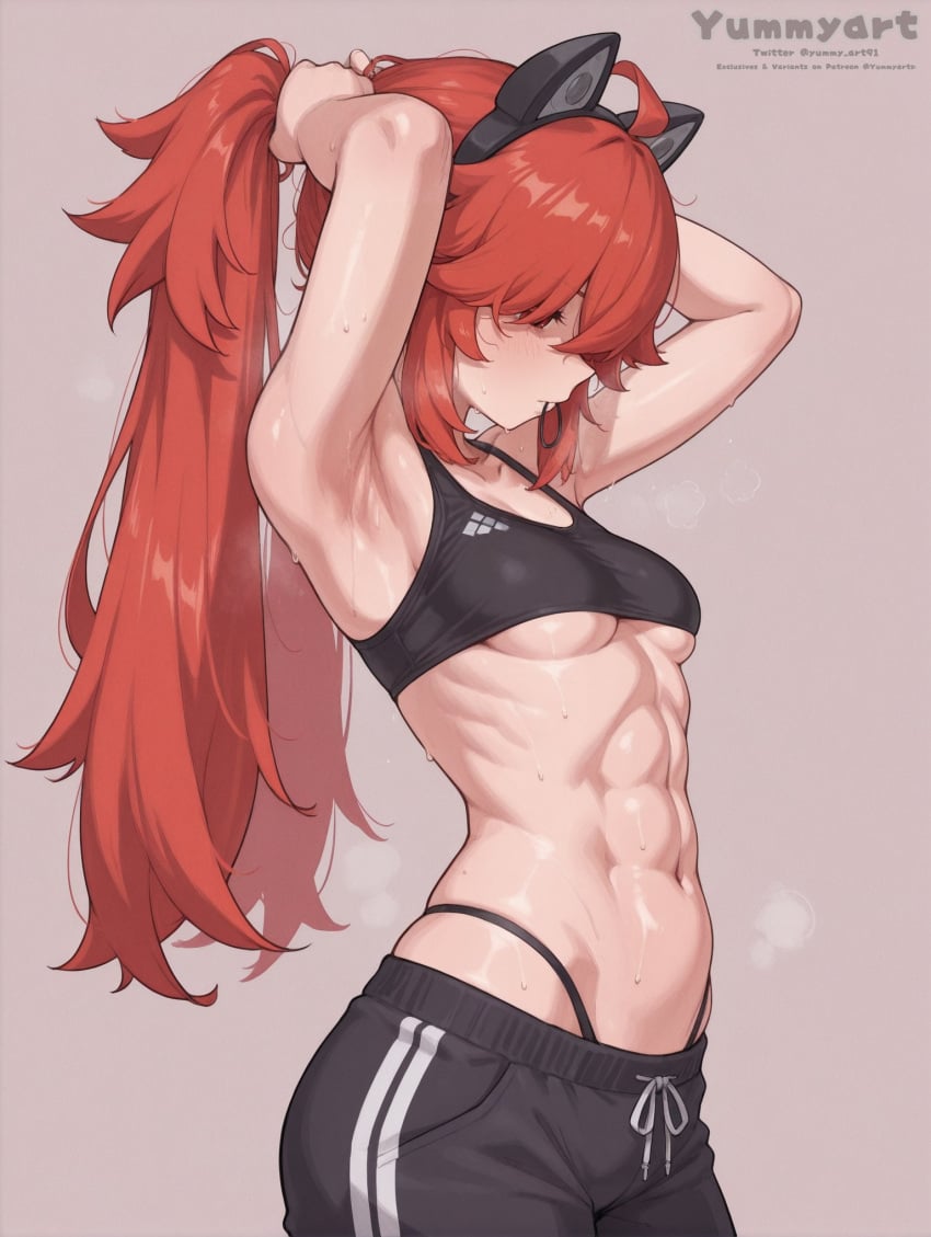 abs ai_generated armpits breasts fit fit_female gym_clothes gym_shorts koleda_belobog midriff petite petite_body ponytail red_hair small_breasts sports_bra sweat toned toned_female underboob yummyart zenless_zone_zero