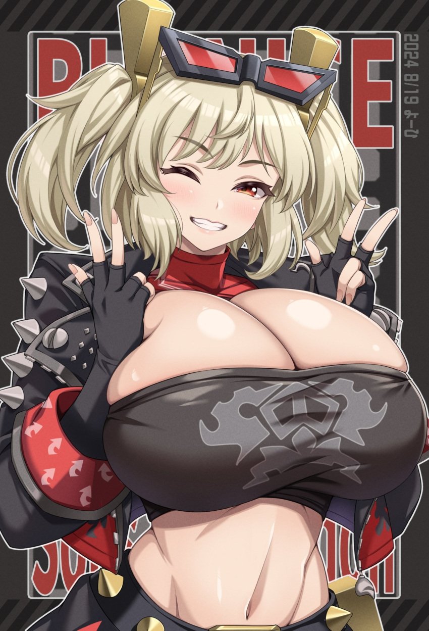 alternate_breast_size black_gloves black_jacket black_shirt black_skirt blonde_hair breasts burnice_white cleavage commentary_request crop_top elbow_gloves eyewear_on_head female fingerless_gloves glasses gloves highres huge_breasts jacket long_hair looking_at_viewer navel one_eye_closed open_clothes open_jacket shirt short_twintails skirt solo teeth twintails upper_body v yoohi zenless_zone_zero