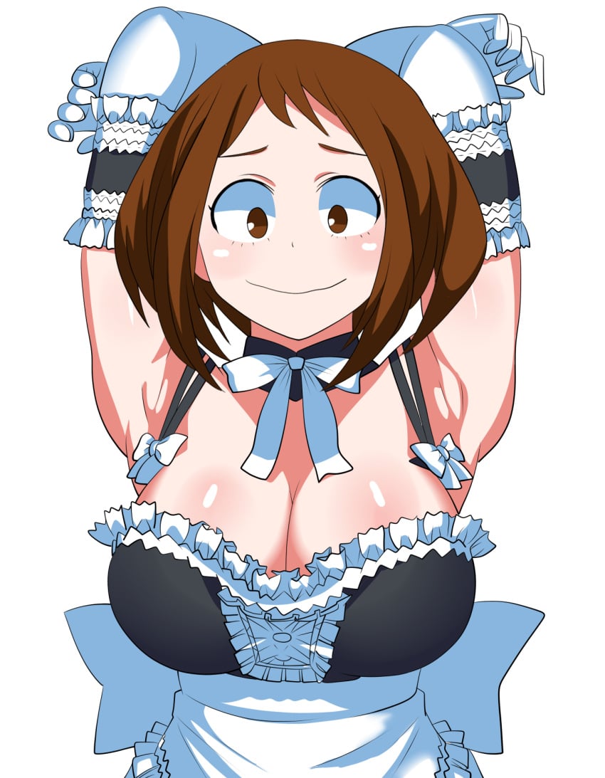 1girls arms_behind_head arms_up boku_no_hero_academia brown_eyes brown_hair elbow_gloves embarrassed female female_only frills maid maid_uniform mcdolkun my_hero_academia ribbons short_hair smile uraraka_ochako