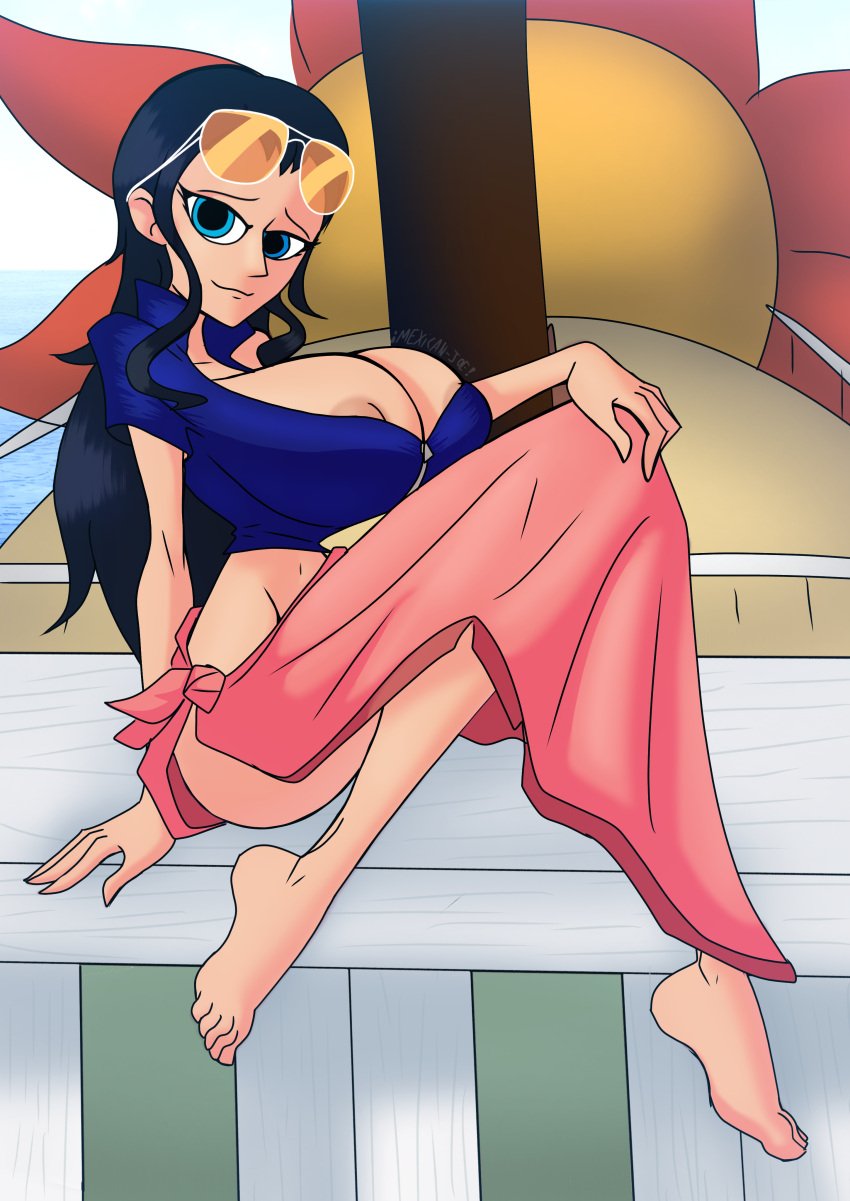 1girls ass barefoot black_hair blue_eyes breasts cleavage feet female female_focus female_only long_hair looking_at_viewer mexicanjoe nico_robin one_piece post-timeskip sarong thick_thighs thighs