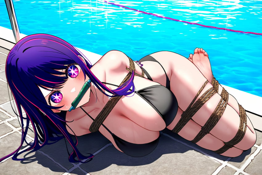 ai_generated big_breasts bikini bikini_bottom bikini_top bit_gag black_swimsuit blush bondage bound bound_ankles bound_arms bound_legs bound_wrists feet female gag hair_between_eyes half-dressed half_naked hoshino_ai long_hair lying lying_on_side milf oshi_no_ko purple_eyes purple_hair restrained rope rope_bondage sex_slave slave slavegirl star_(symbol) swimming_pool swimsuit swimwear