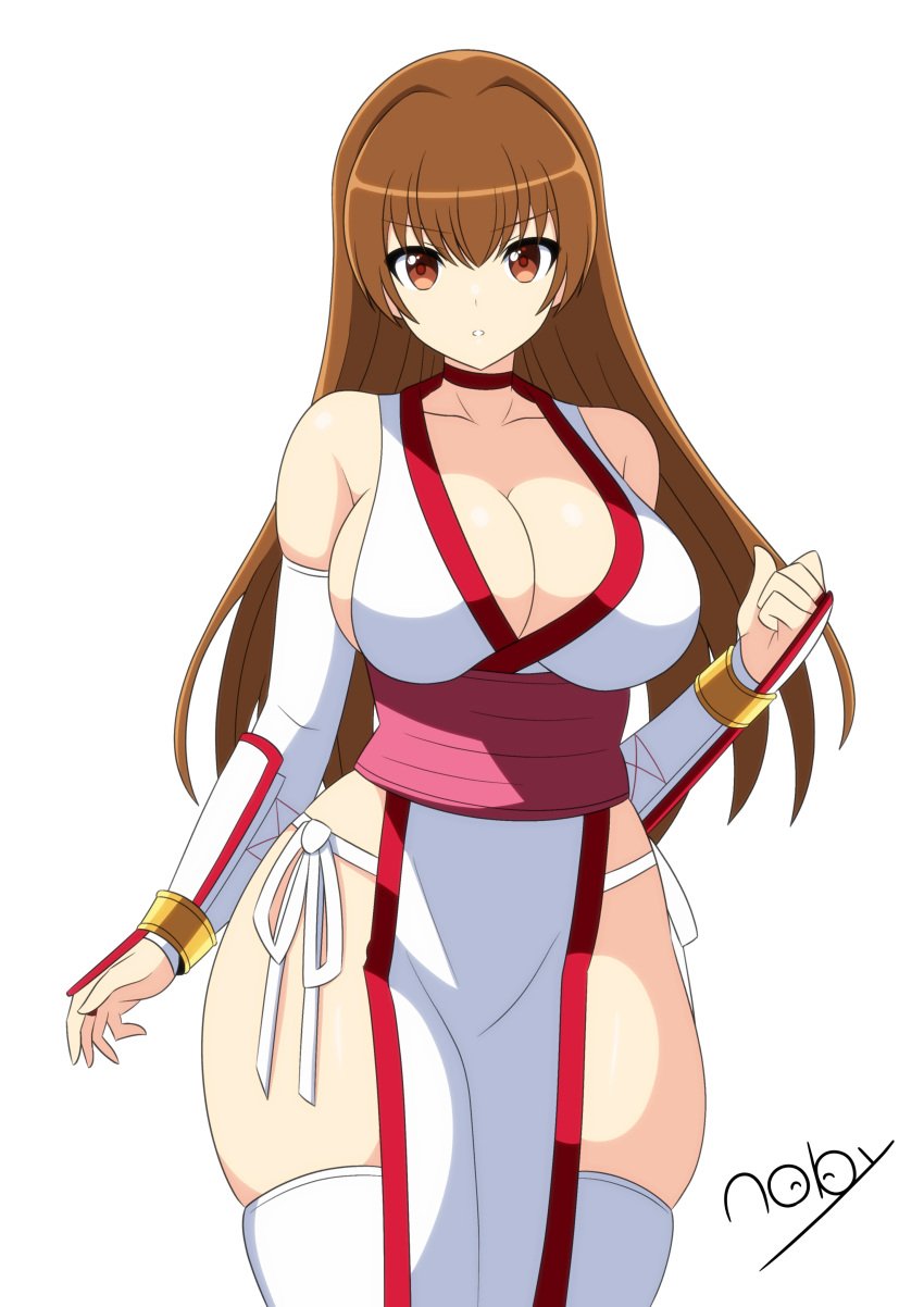 arm_guards breasts brown_eyes brown_hair cleavage curvaceous dead_or_alive female gloves japanese_clothes kasumi_(doa) koei_tecmo large_breasts long_hair no_bra no_panties no_underwear revealing_clothes solo tagme tecmo thighhighs