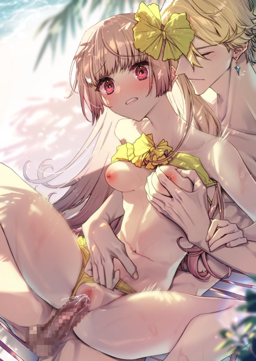 1boy alfred_(artist) atelier_(series) atelier_lydie_&_suelle bare_shoulders beach bikini bikini_pull blonde_hair blunt_bangs blush bow breasts censored clenched_teeth closed_eyes clothes_lift clothes_pull clothing_aside day earrings female flower frilled_bikini frills grabbing_another's_breast groping hair_flower hair_ornament hand_on_another's_crotch highres jewelry long_hair mathias_ferrier_adalet medium_breasts mosaic_censoring navel nipples nude ocean open_mouth outdoors penis pink_hair pussy red_eyes reverse_upright_straddle sex short_hair spread_legs straight strapless strapless_bikini suelle_malen sweat swimsuit swimsuit_aside swimsuit_lift teeth vaginal_penetration very_long_hair water womb_massage yellow_bikini yellow_swimsuit