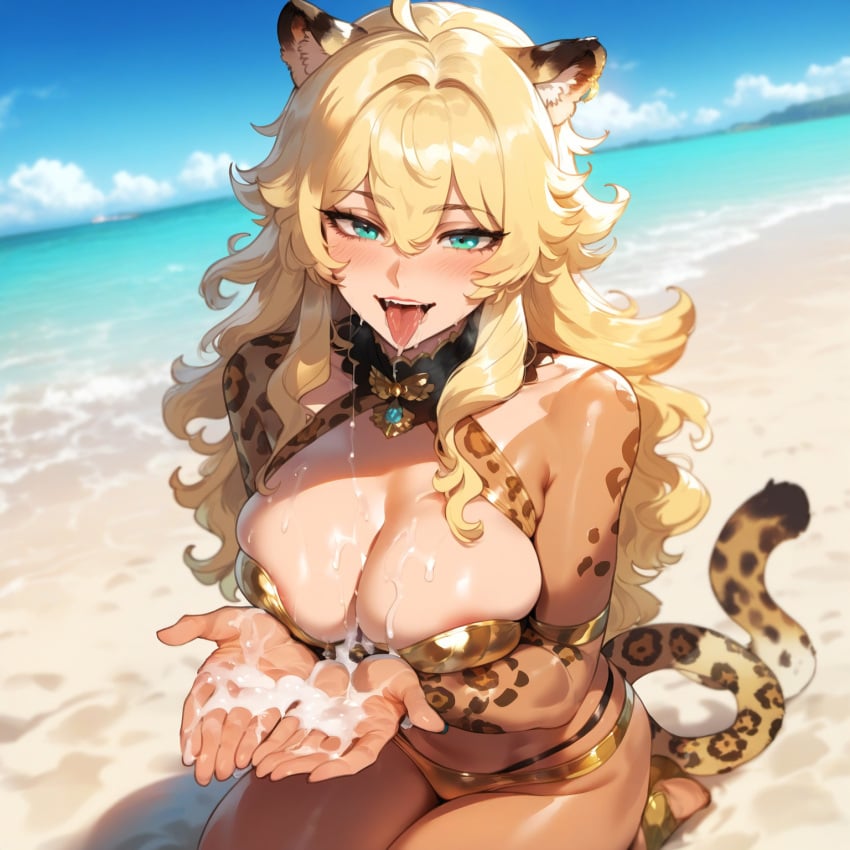 1girls ahoge ai_generated animal_ear_fluff animal_ears animal_print animal_tail aqua_eyes areola_slip bangs bare_shoulders beach bikini blonde_hair blue_eyes blue_sky blush breasts clavicle cleavage clothing cloud cupping_hands curvaceous curvaceous_female curvaceous_figure curvy curvy_figure day fangs feet female female female_focus female_only genshin_impact green_eyes hair_between_eyes jewelry large_breasts leopard_ears leopard_print leopard_tail long_hair looking_at_viewer miyuai navel ocean open_mouth outdoors own_hands_together saliva sand seiza semen sitting sky smile solo swimsuit tail tan_body tan_skin tanned tanned_female tanned_girl tanned_skin thighs tongue tongue_out voluptuous voluptuous_female water xilonen_(genshin_impact)