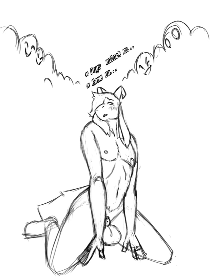 ambiguous_gender anthro asriel_dreemurr balls big_balls blush bovid caprine chastity_cage chastity_device dracozhilla embarrassed femboy genitals goat group hi_res humanoid humiliation kneeling male mammal penis_humiliation public public_humiliation skinny small_penis_humiliation solo undertale undertale_(series)