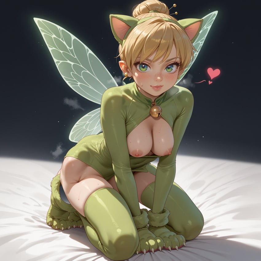 ai_generated all_fours angel_wings animal_ears animal_hands bangs bed bed_sheet bell blonde_hair blush boots breasts breasts_outside cat_ears disney fairy fairy_wings feathered_wings female full_moon gloves green_eyes green_footwear green_gloves green_legwear heart heart-shaped_pupils leotard light_particles long_sleeves looking_at_viewer medium_breasts mini_wings mole moon night night_sky nipples on_bed paw_gloves short_hair solo star_(sky) starry_sky sweat symbol-shaped_pupils thighhighs tinker_bell white_wings wings yellow_wings