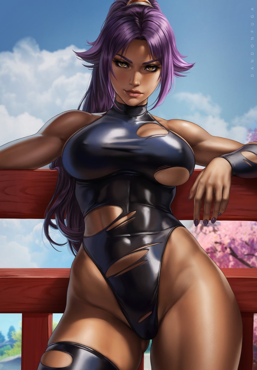 1girls black_clothing black_latex black_leotard bleach child_bearing_hips damaged_clothes dandon_fuga dark-skinned_female dark_skin fit_female highleg highleg_leotard latex latex_clothing latex_leotard latex_suit leaning_back leotard long_sleeves looking_at_viewer purple_hair shihouin_yoruichi solo toned toned_female voluptuous yellow_eyes