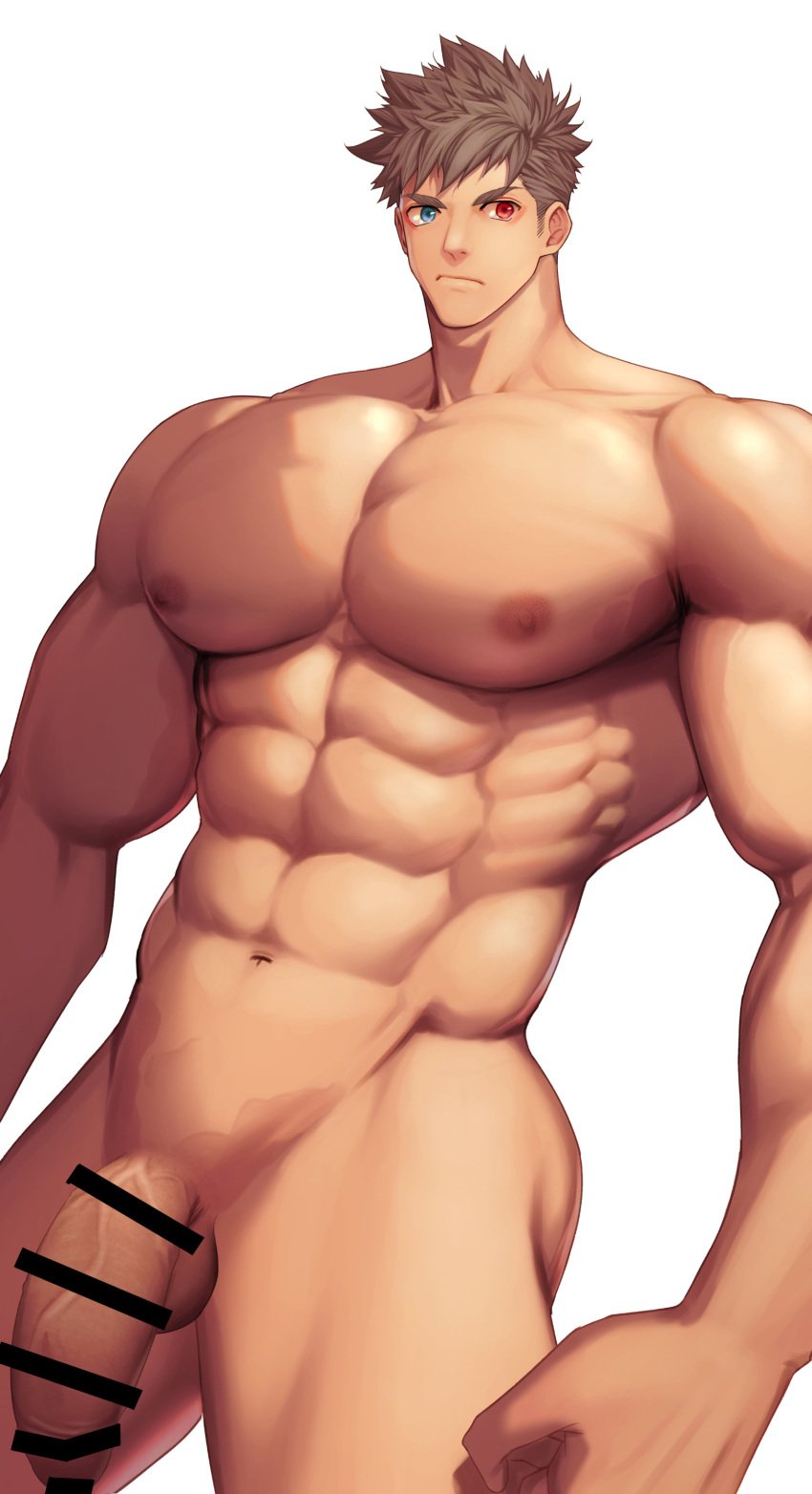 1boy balls bara beefy biceps big_breasts big_hands big_penis blue_eyes brown_hair censor_bar censored censored_penis completely_nude disproportional flaccid gay heterochromia hi_res huge_cock hunk looking_at_viewer male male_breasts male_only manly mature_male meisho_hanten muscles muscular muscular_arms muscular_male no_body_hair open_mouth oppai original original_character pecs pink_underwear red_eyes shaved_crotch short_hair solo standing thick_arms thick_penis tough_guy v-shaped_eyebrows veiny_arms veiny_breasts veiny_muscles veiny_penis very_high_resolution white_background wide_shoulders yaoi