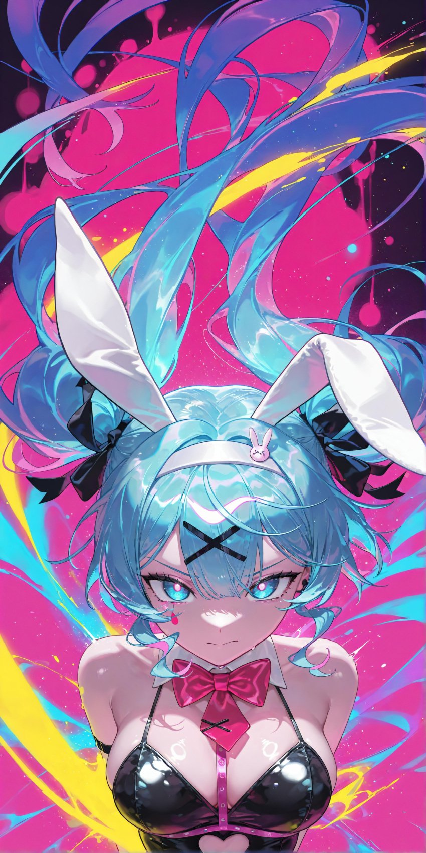 ahoge ai_assisted ai_generated big_breasts blue_hair bunny_ears bunny_girl bunny_tail bunnysuit electricity hatsune_miku huge_breasts long_hair pink_eyes pink_hair rabbit_hole_(vocaloid) ribbon twintails vocaloid