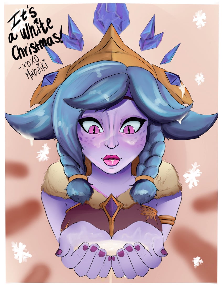 1girls 5boys blowbang blue_skin bukkake clothed_female cum cum_in_hair cum_in_mouth facial implied_blowjob implied_oral implied_sex league_of_legends mabziki neeko riot_games snowdown_series straight winter_wonder_neeko winter_wonderland_series