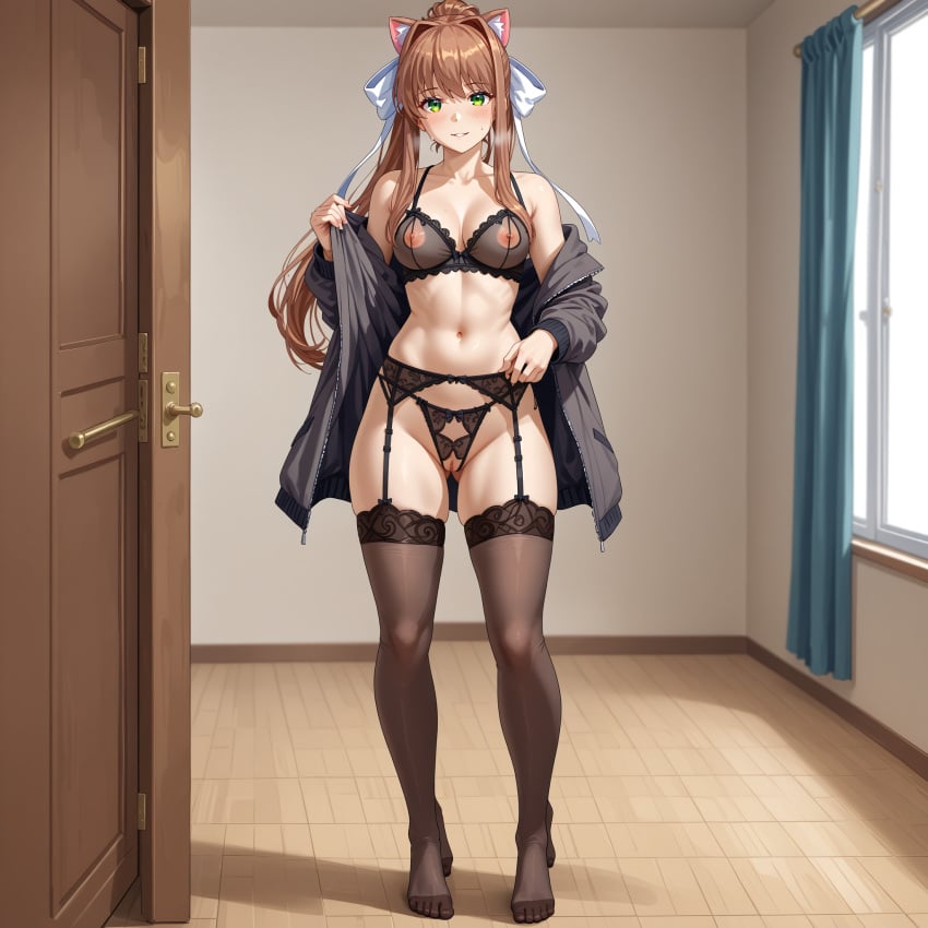 ai_generated ass_visible_through_thighs bangs black_legwear black_panties blush bra breasts brown_hair collarbone crotchless_panties doki_doki_literature_club door eyebrows_visible_through_hair female female_pubic_hair full_body garter_belt green_eyes grey_jacket hair_ribbon indoors jacket lace lace_trim large_breasts lingerie long_hair looking_at_viewer medium_breasts monika_(doki_doki_literature_club) navel nipples off_shoulder open_clothes open_jacket panties ponytail ribbon see-through smile solo standing thighhighs underwear