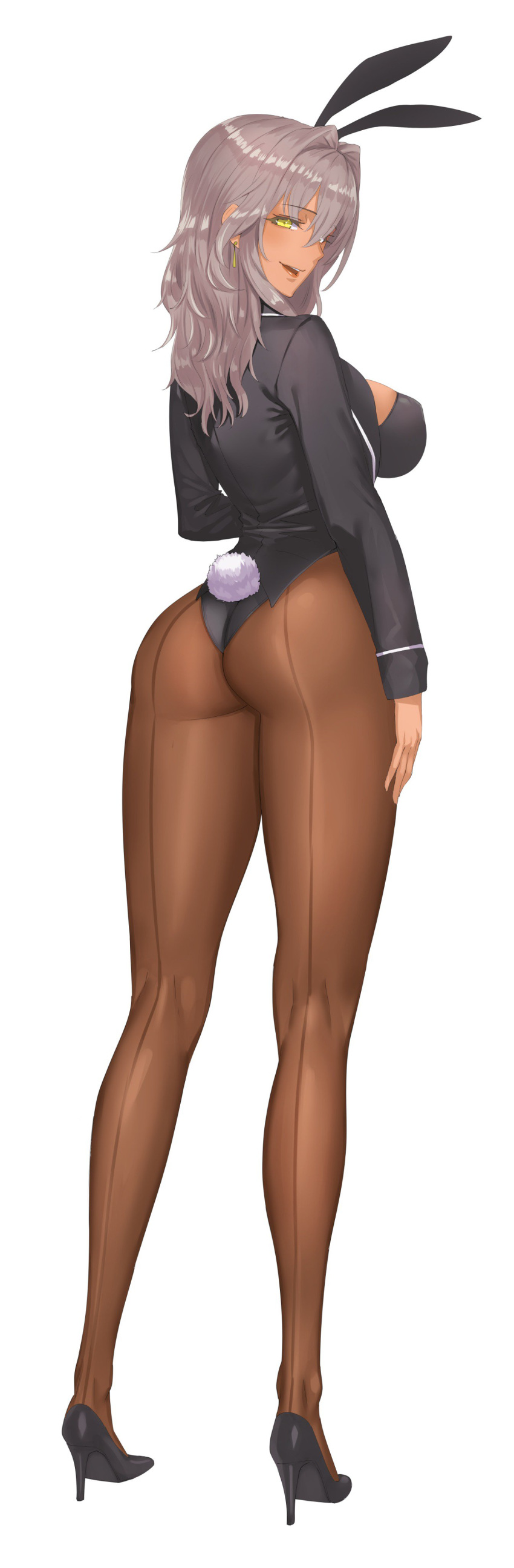 animal_ears ass bangs breasts brown_legwear bunny_ears bunny_tail bunnysuit damegane dark_skin fake_animal_ears female full_body grey_hair hair_intakes high_heels high_resolution highleg highleg_leotard large_breasts leotard long_hair long_image long_sleeves looking_at_viewer original pantyhose parted_lips reena_(damegane) shoes smile solo standing tail tall_image very_high_resolution yellow_eyes