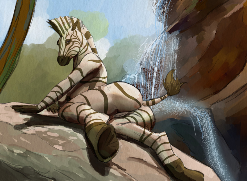 anthro ass equid equine female genitals hattonslayden hi_res hooves light looking_at_viewer lying mammal nude pussy solo stripes sunlight tail waterfall zebra