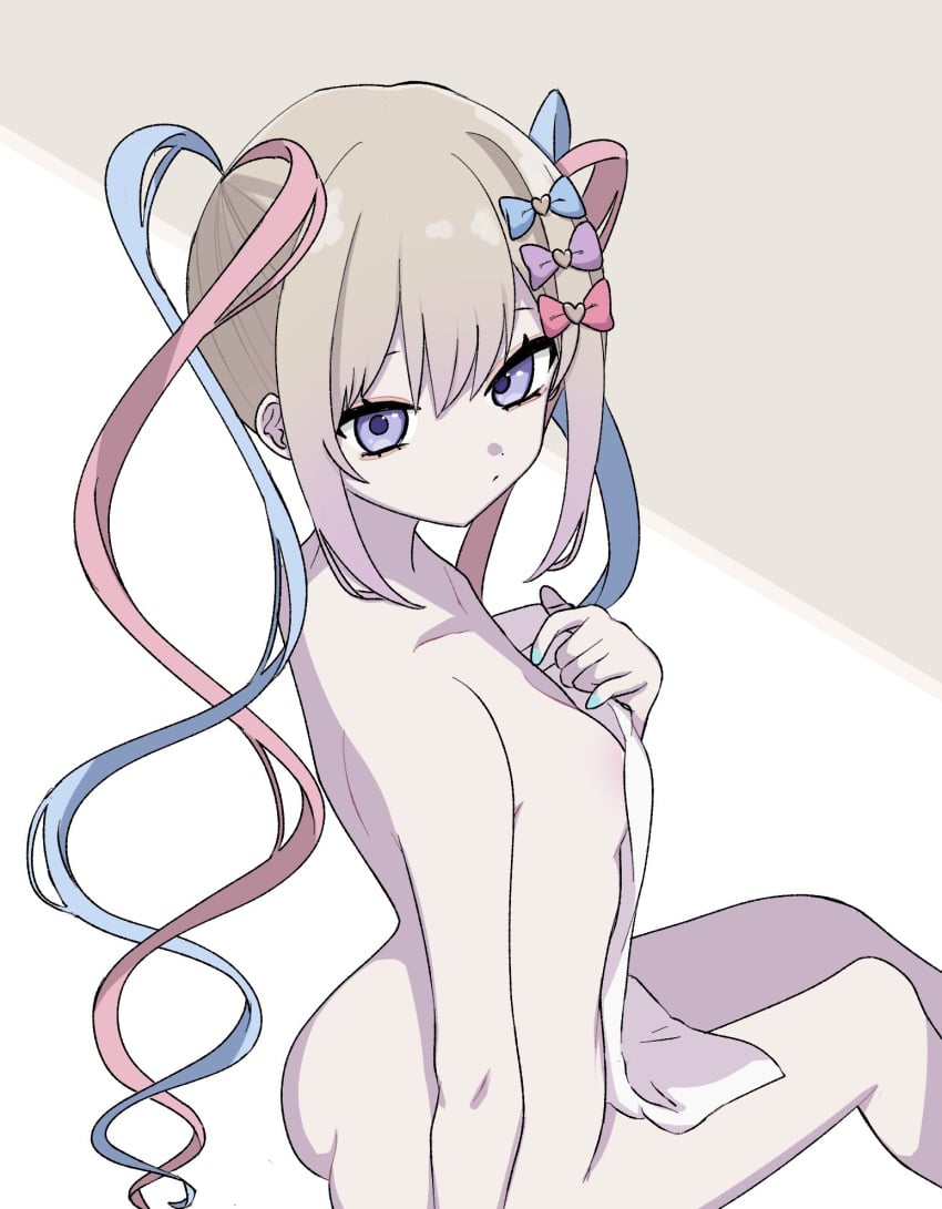 1girls artist_request ass back bare_back chouzetsusaikawa_tenshi-chan female looking_at_viewer looking_back naked needy_girl_overdose needy_streamer_overload nude small_breasts solo towel towel_only