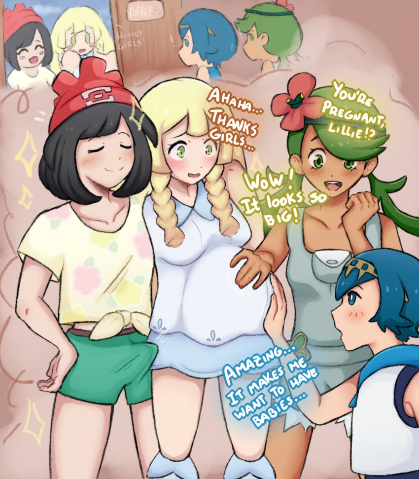 blonde_hair blue_hair blush bulge bulge_through_clothing cafe dialogue erection erection_under_clothes futa_on_female futanari green_eyes green_hair hand_on_another's_stomach lana_(pokemon) lillie_(pokemon) long_hair mallow_(pokemon) mochiko991 nintendo pokemon pokemon_sm pregnant ready_to_pop selene_(pokemon) short_girl short_hair tagme