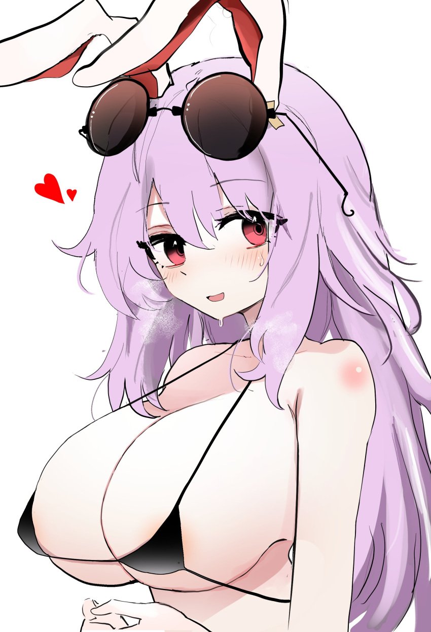 1girls big_breasts bikini black_bikini bra breasts bunny_ears collarbone heart heart_symbol huge_breasts light-skinned_female long_hair micro_bikini ougiikun purple_hair red_eyes reisen_udongein_inaba simple_background solo string_bikini sunglasses_on_head sweat touhou upper_body white_background