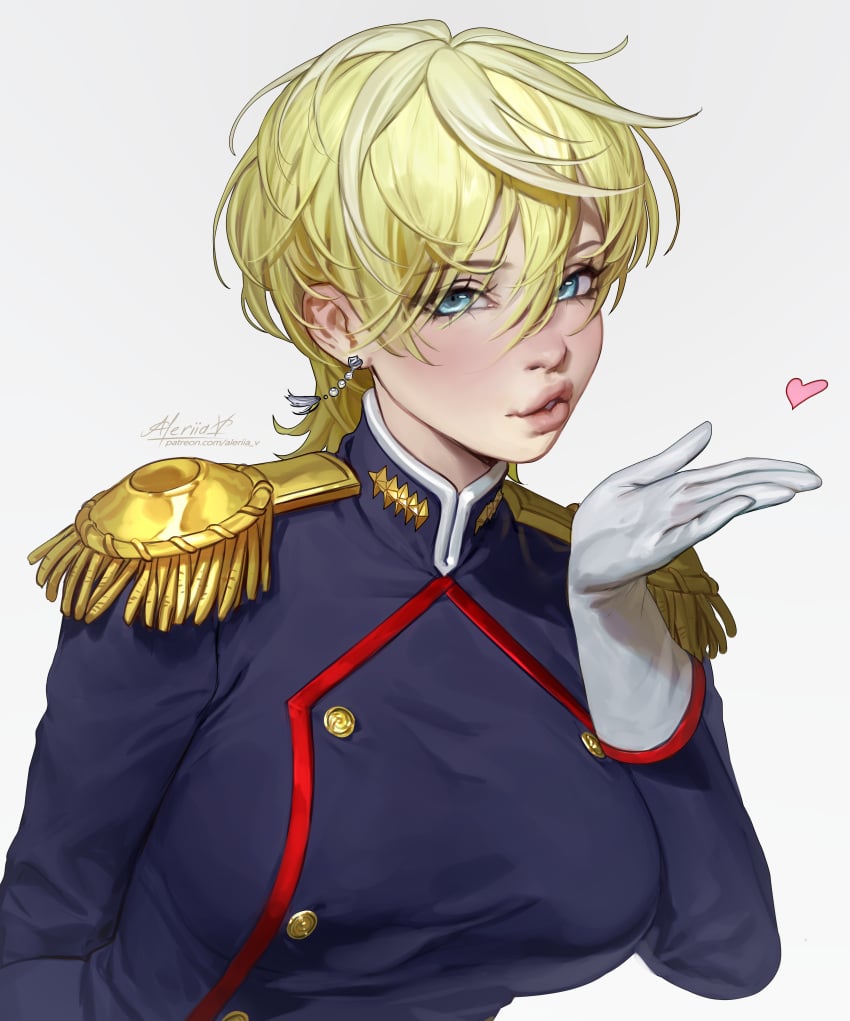 1girls aleriia_v anti-demon_corps_uniform blonde_hair blowing_kiss blue_eyes blue_jacket earrings epaulettes female female_only gloves hand_up heart highres izumo_tenka jacket jewelry lerapi looking_at_viewer mato_seihei_no_slave military_uniform multicolored_hair short_hair simple_background solo solo_female two-tone_hair white_background white_gloves