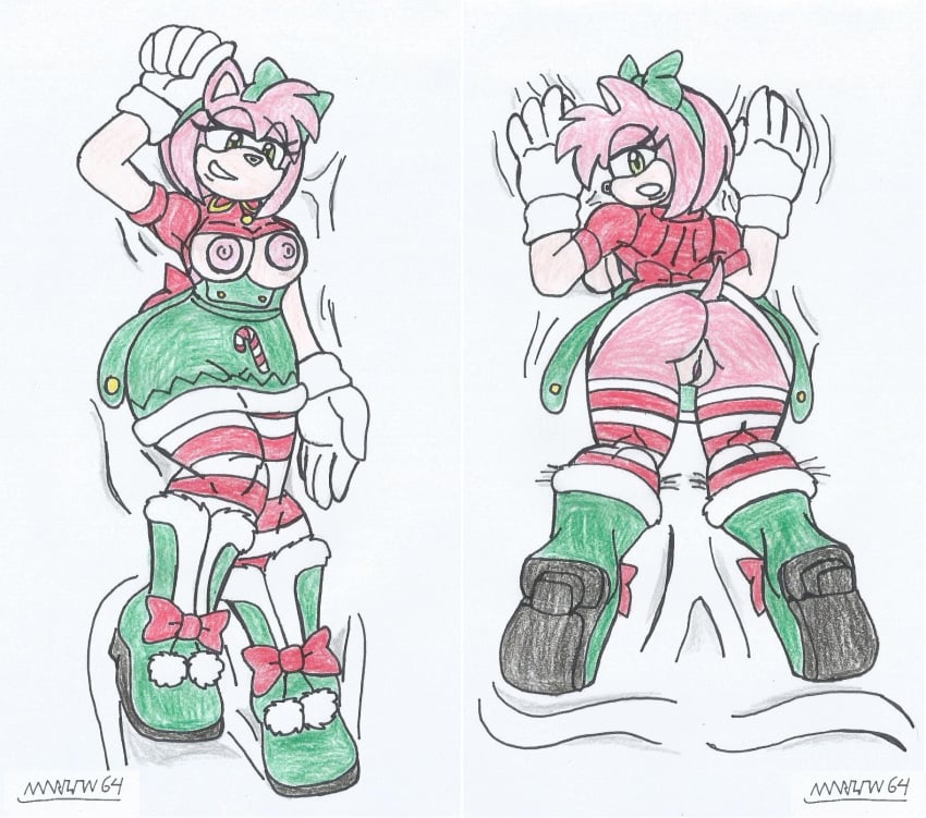 amy_rose big_ass big_breasts big_hips christmas dakimakura dakimakura_design dress_lift exposed_ass exposed_breasts furry green_eyes hedgehog_girl jingle_belle_amy lying_down lying_on_bed lying_on_stomach marlon64 no_bra no_panties pillow pink_body pink_fur pink_hair shirt_lift showing_ass showing_breasts showing_off sonic_dash traditional_drawing_(artwork)