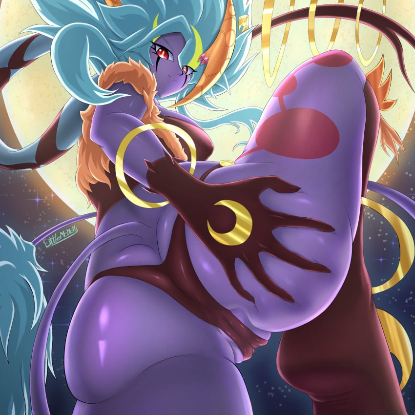 1girl artist_signature ass_focus clothed duel_monster floating_jewelry grabbing_ass large_ass large_breasts lifting_leg littlemomoth looking_back lunalight_leo_dancer purple_body red_eyes smile thong tight_clothing unusual_tail vagina_visible_through_clothing vulva_line yu-gi-oh!