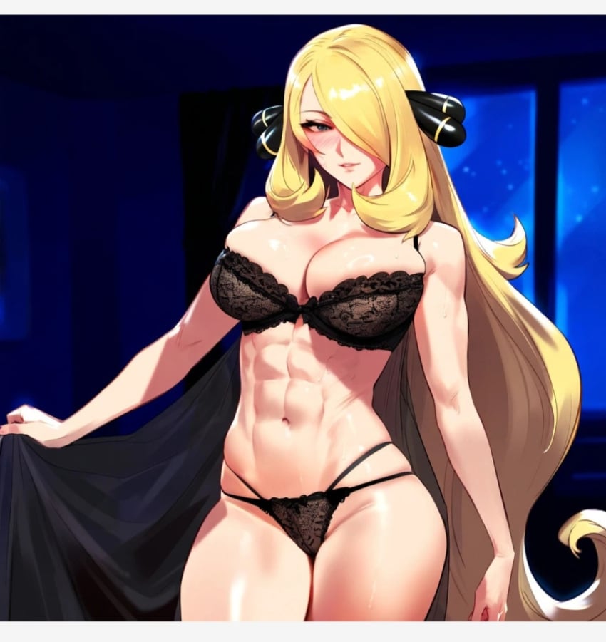 1girls abs ai_generated bare_arms bare_legs bare_shoulders bare_thighs big_breasts blonde_hair blush bra clothed clothing color cynthia_(pokemon) female female_focus female_only fit_female game_freak hi_res large_breasts long_hair looking_at_viewer muscles muscular muscular_female nintendo panties pokemon pokemon_champion pokemon_dppt pokemon_trainer solo solo_female tagme thick_thighs underwear