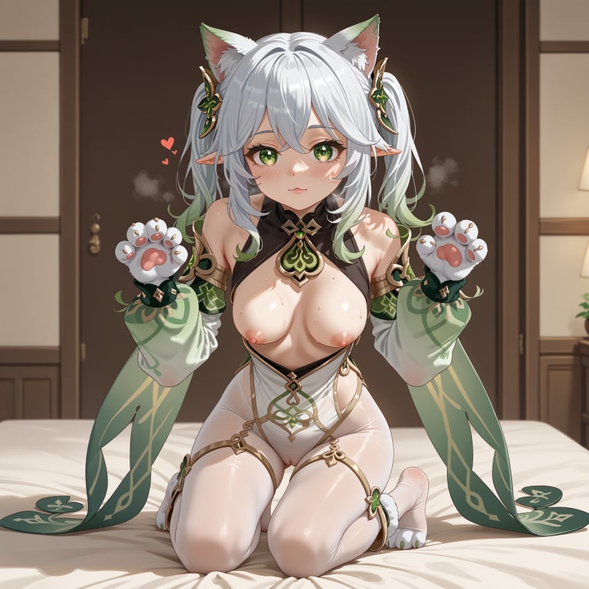 ai_generated animal_ear_fluff animal_ears animal_hands bare_shoulders bed blush breasts cat_ears cat_paws claw_pose closed_mouth detached_sleeves dress elf female genshin_impact green_eyes heart heart-shaped_pupils indoors kneeling long_hair looking_at_viewer medium_breasts mole_on_breast nahida_(genshin_impact) nipples on_bed paw_gloves paw_pose pointy_ears silver_hair smile solo sweat twintails white_legwear