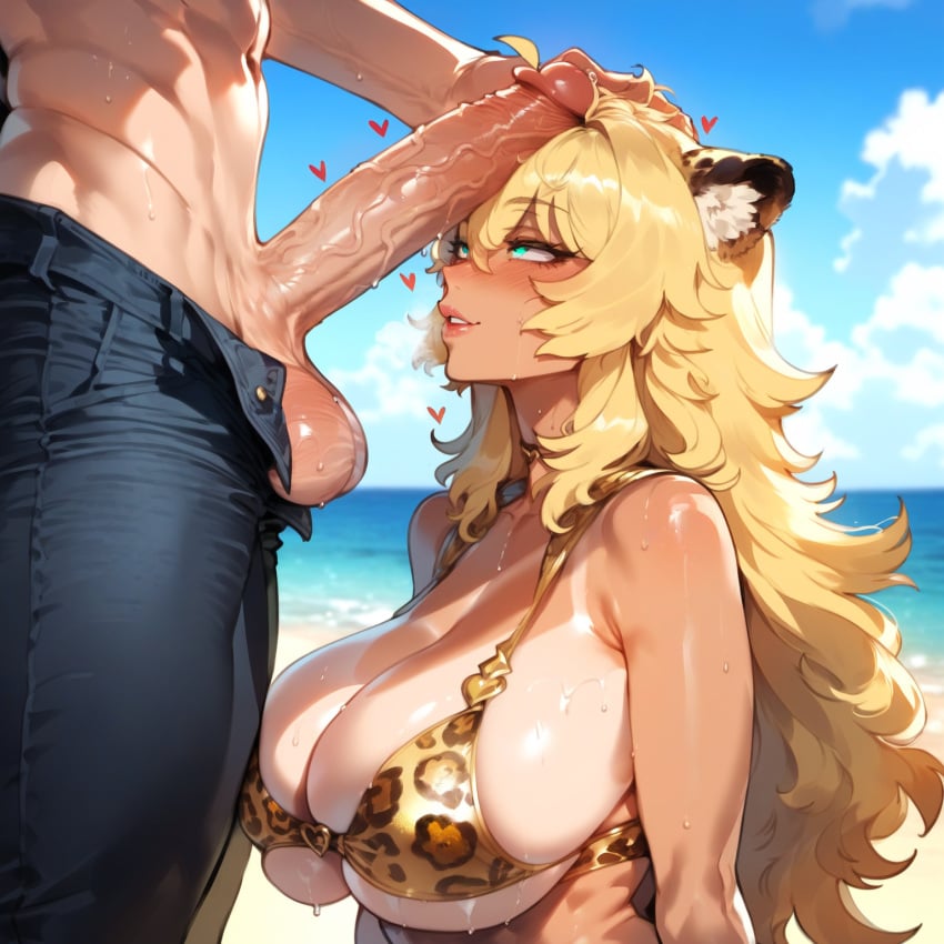 1boy 1girls ai_generated animal_ear_fluff animal_ears animal_print areolae bangs bare_shoulders beach bikini blonde_hair blue_eyes blue_sky blush breasts cleavage clothing cloud curvaceous curvaceous_female curvaceous_figure curvy curvy_figure dark_skin day denim erection female female female_focus genshin_impact green_eyes hair_between_eyes hand_on_another's_head heart huge_breasts huge_cock imminent_fellatio jeans jewelry large_breasts large_penis leopard_ears leopard_print lips long_hair looking_at_viewer male miyuai mole mole_under_eye muscle navel nipples ocean open_mouth outdoors pants penis penis_awe penis_on_face sky smile solo_focus standing straight sweat swimsuit tail tan_body tan_skin tanned tanned_female tanned_girl tanned_skin testicles thick_thighs thighs underboob veins veiny_penis voluptuous voluptuous_female water xilonen_(genshin_impact)