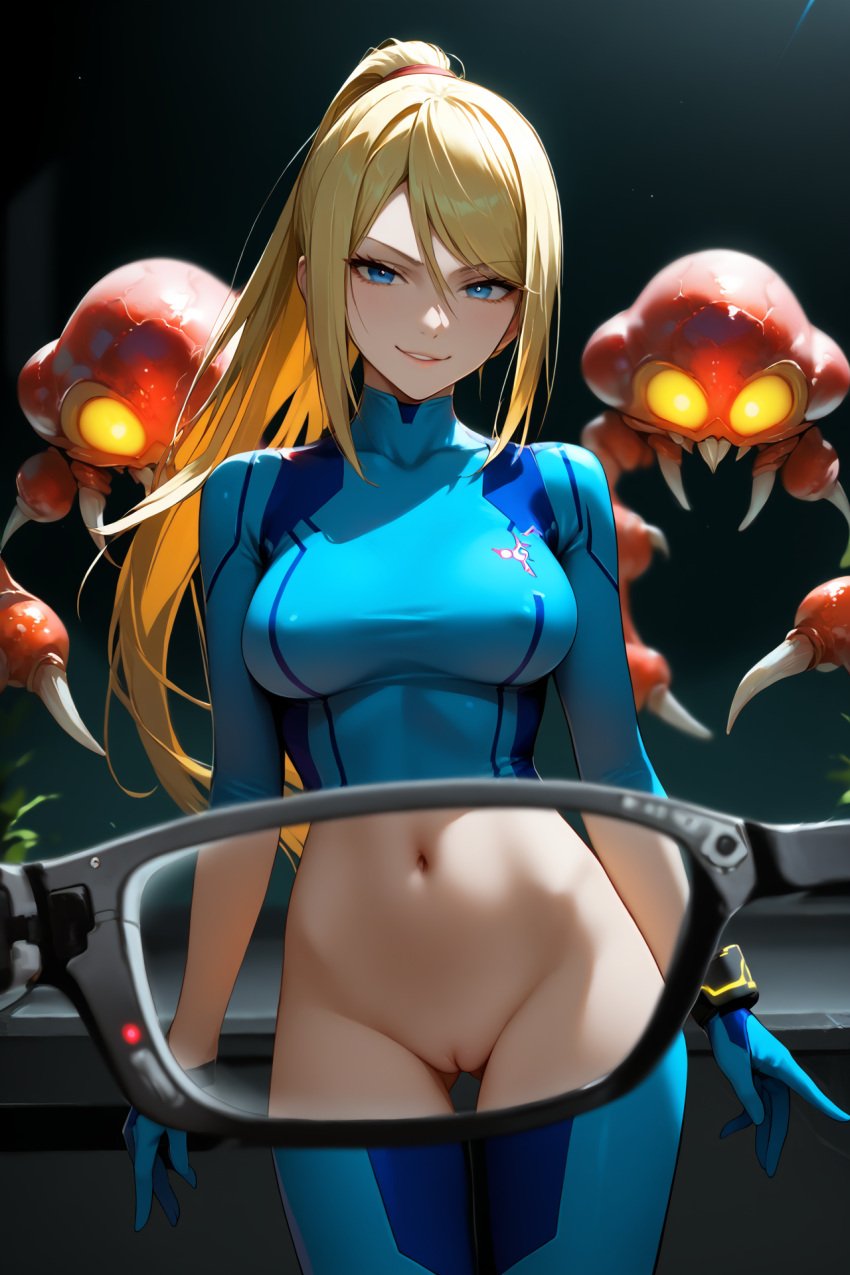 1girls ai_generated blonde_hair_female blue_eyes_female cunningstuntda female_focus looking_at_viewer metroid metroid_(creature) navel nintendo ponytail pussy samus_aran smiling_at_viewer x-ray_glasses x-ray_vision zero_suit_samus