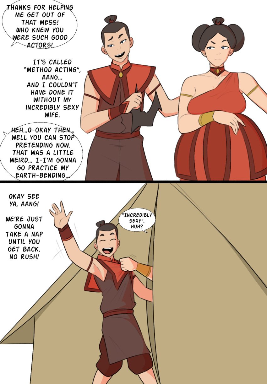 1boy 1girls assertive_female avatar_the_last_airbender brother_and_sister camping_tent dark-skinned_female dark-skinned_male english_text female imminent_incest imminent_sex jopuari katara netorare shirt_grab sokka tagme text twitter_link