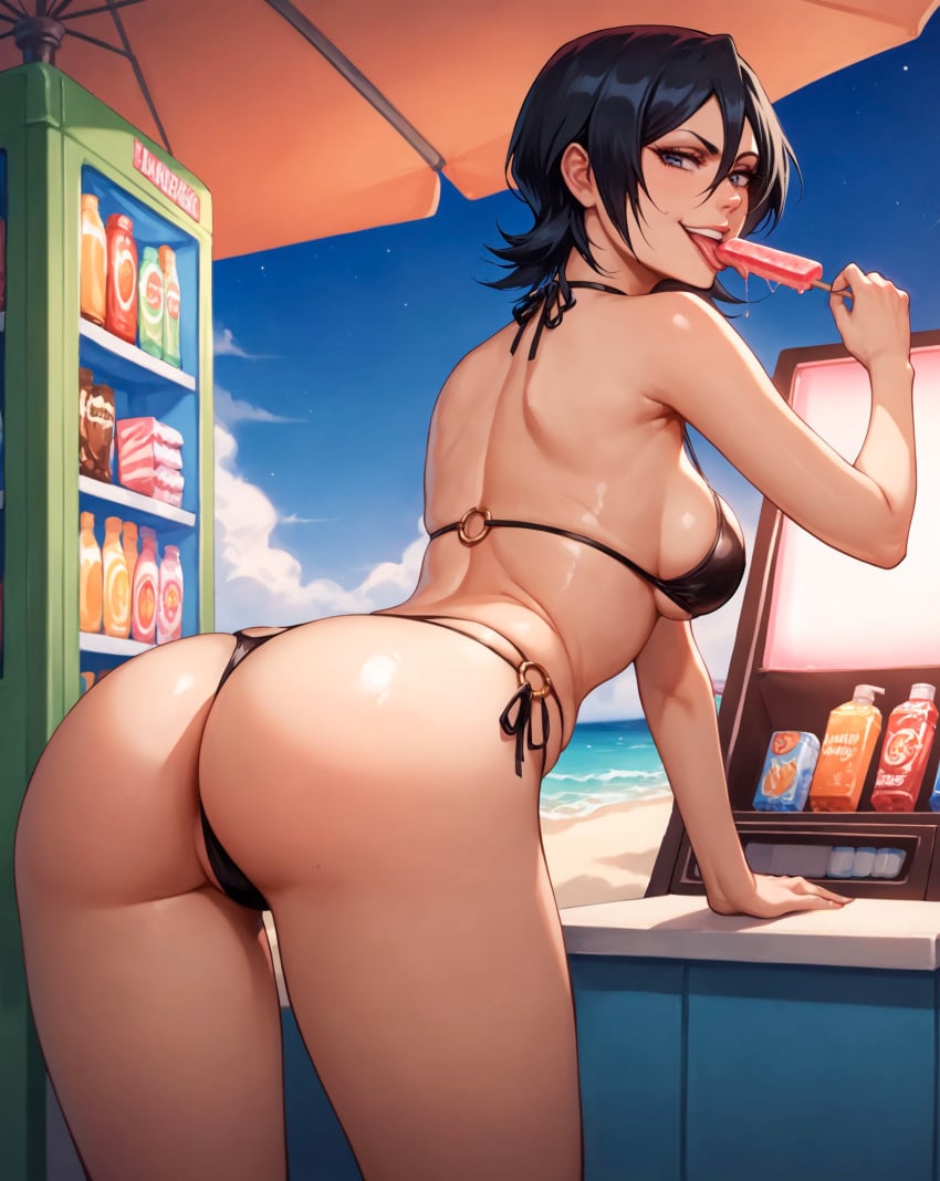 1girls ai_generated alex-schura ass ass_focus beach big_ass bikini black_hair bleach breasts curvy dat_ass female female_only kuchiki_rukia looking_at_viewer looking_back outdoors popsicle presenting_hindquarters short_hair small_breasts solo suggestive