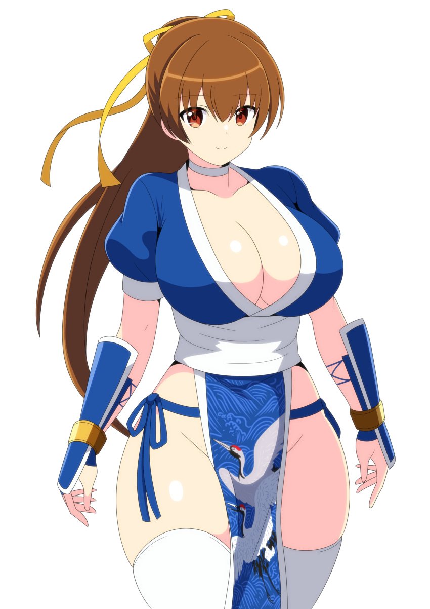 absurdres blue_kimono breasts brown_eyes brown_hair cleavage cowboy_shot dead_or_alive female high_ponytail highres japanese_clothes kasumi_(doa) kimono kunoichi_day large_breasts long_hair looking_at_viewer no_bra no_panties no_underwear simple_background smile solo tanikan0120 thighhighs white_background white_thighhighs