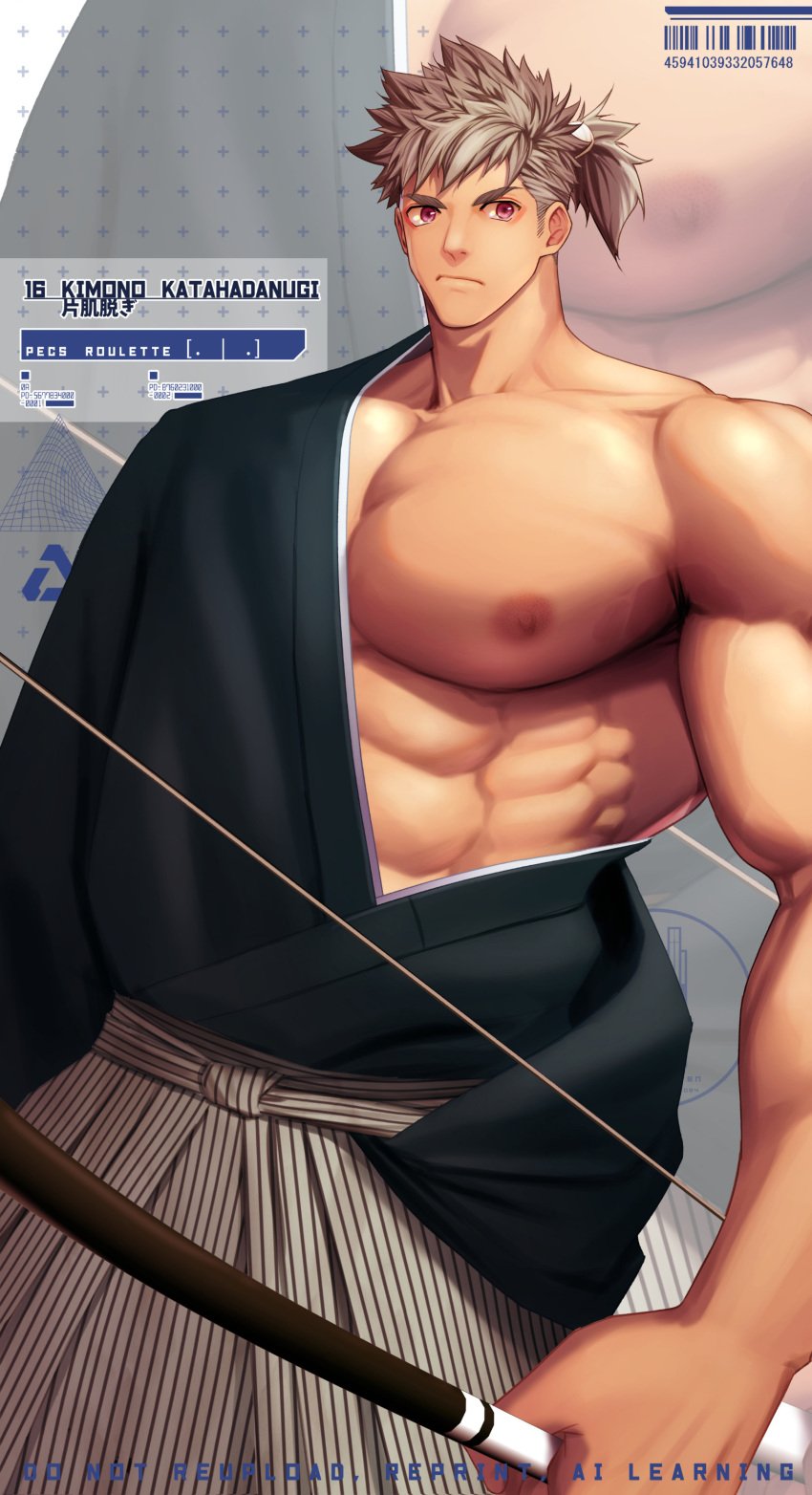 1boy abs bara beefy biceps big_areola big_breasts big_hands blonde_hair bow disproportional gay half_naked hi_res holding_object hunk japanese_clothes kimono long_hair looking_at_viewer male male_breasts male_only manly mature_male meisho_hanten muscles muscular muscular_arms muscular_male open_clothes oppai original original_character pecs ponytail red_eyes six_pack solo standing text thick_arms tough_guy v-shaped_eyebrows veiny veiny_arms veiny_breasts veiny_muscles very_high_resolution wide_shoulders yaoi