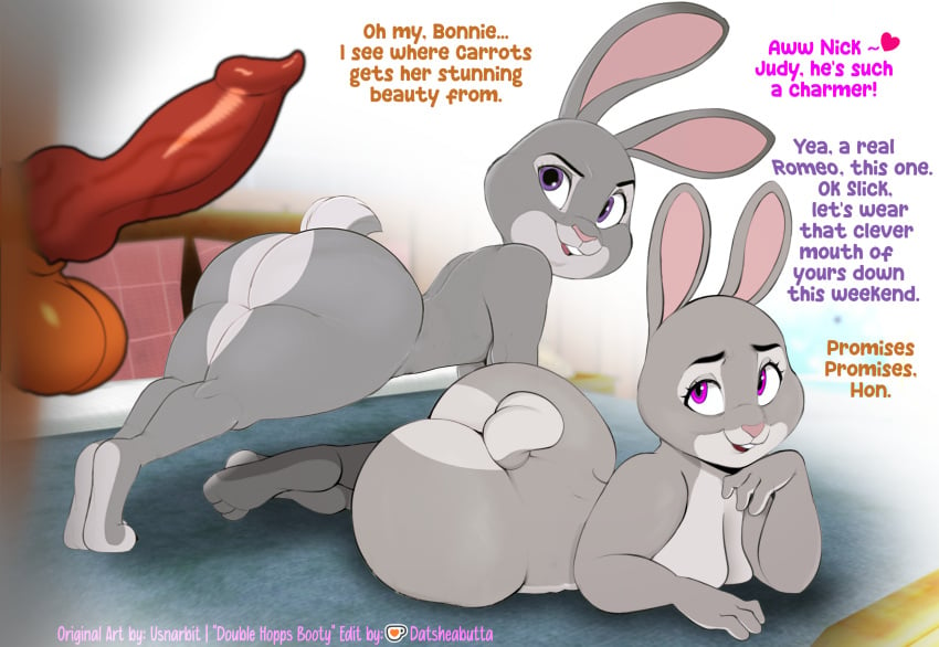 2girls ass ass_up bonnie_hopps breasts breasts_on_floor bunny canine_penis datsheabutta dialogue disney edit female furry grey_fur judy_hopps milf nick_wilde nude penis purple_eyes sagging_breasts text usnarbit zootopia