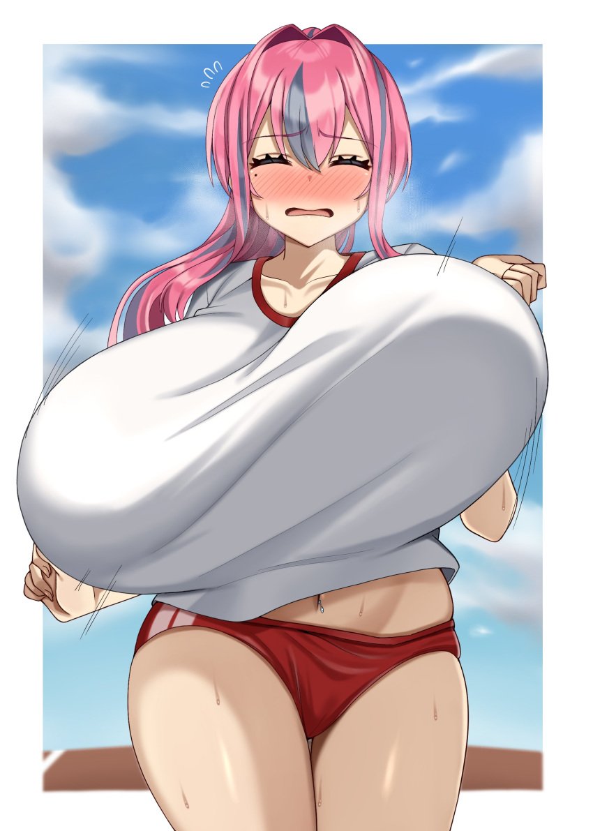 1girls azur_lane belly_button blue_sky blush bouncing_breasts breasts bremerton_(azur_lane) closed_eyes eagle_union_(azur_lane) eyebrows_visible_through_hair female female_only gigantic_breasts hyper_breasts jogging light-skinned_female light_skin no_bra nose_blush outdoors pink_hair running sky solo sportswear zawashi_(zawashio1013)