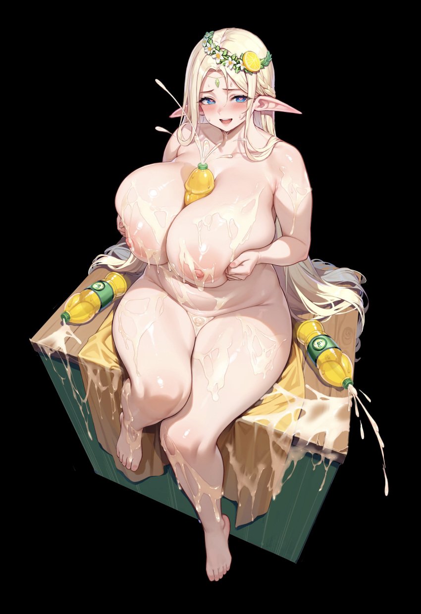 1girls between_breasts blonde_hair blue_eyes blush bottle breast_suppress cerestia_of_life cor369 elf elf_ears elf_female female female_focus female_only flower flower_in_hair gem gem_on_forehead headband heart heart-shaped_pupils huge_breasts last_origin lemon lemonade light-skinned_female light_skin looking_at_viewer naked naked_female nipples open_eyes open_mouth phallic pointy_ears sitting sitting_on_table smile smiling_at_viewer soft_breasts suggestive suggestive_fluid sweat thick_thighs very_long_hair voluptuous