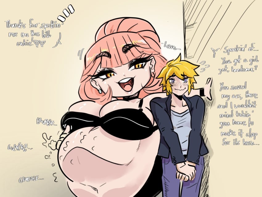 big_belly big_breasts blonde_hair blush bratz flirting kansais larger_female ogre orange_eyes orange_hair overweight_female seductive smaller_male stomach_bulge stomach_noises