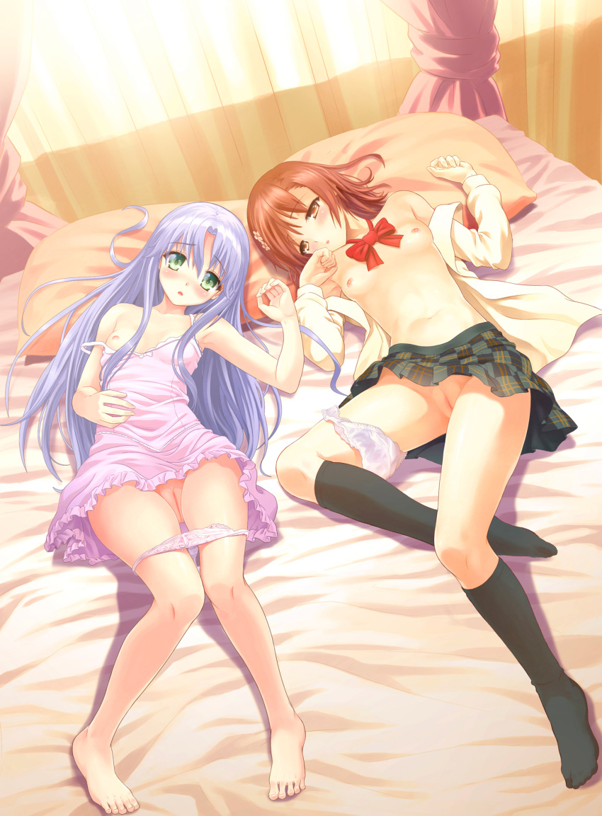 bare_shoulders barefoot bed black_legwear black_socks blush brown_eyes brown_hair feet female female_only flat_chest highres human index innie_pussy knee_socks kneehighs kneesocks long_hair lying misaka_mikoto misakamitoko0903 multiple_females multiple_girls panties panties_around_leg panties_around_one_leg pillow plaid pussy short_hair skirt socks strap_slip to_aru_kagaku_no_railgun to_aru_majutsu_no_index uncensored underwear upskirt