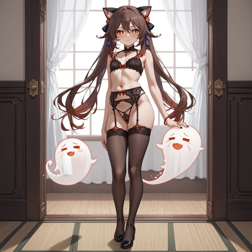 ai_generated animal_ears bare_shoulders black_bra black_legwear blush boo_tao_(genshin_impact) bow bra breasts brown_hair cat_ears curtains female garter_belt genshin_impact hair_ornament hair_ribbon highleg hu_tao_(genshin_impact) indoors jewelry lingerie long_hair looking_at_viewer navel orange_eyes panties ribbon shoes solo stomach tail thighhighs thighs twintails underwear underwear_only window