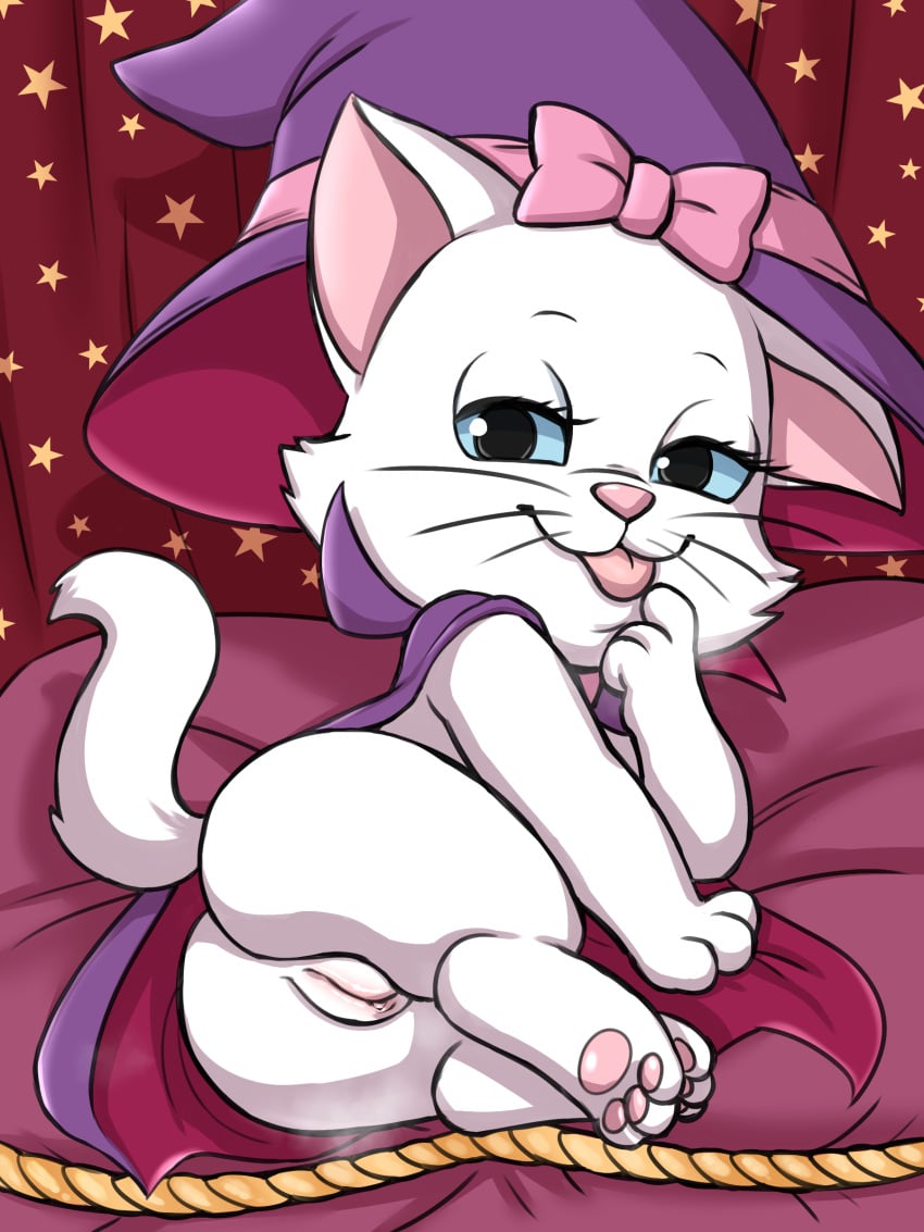 absurd_res cape clothing disney domestic_cat felid feline felis female feral fur genitals hi_res magic_user mammal marie_(aristocats) pussy seductive solo the_aristocats vermelhatan white_body white_fur