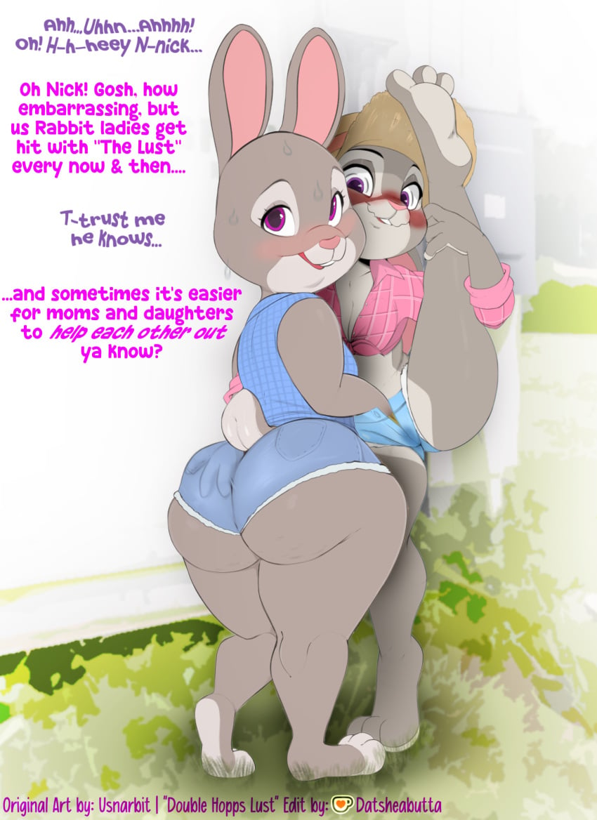 2girls blush bonnie_hopps bunny datsheabutta dialogue disney edit female fingering_partner fingering_under_clothes furry grey_fur groping_ass horny in_heat incest judy_hopps legs_up looking_at_viewer milf purple_eyes text usnarbit yuri zootopia