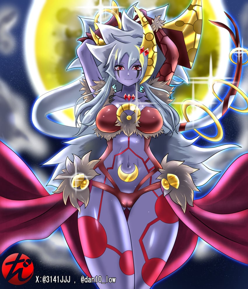 artist_name ass_visible_through_thighs dan10_low dancer_outfit duel_monster female gold_jewelry lunalight_leo_dancer nipple_bulge purple_body red_eyes tail tight_clothing vulva_line watermark yu-gi-oh!