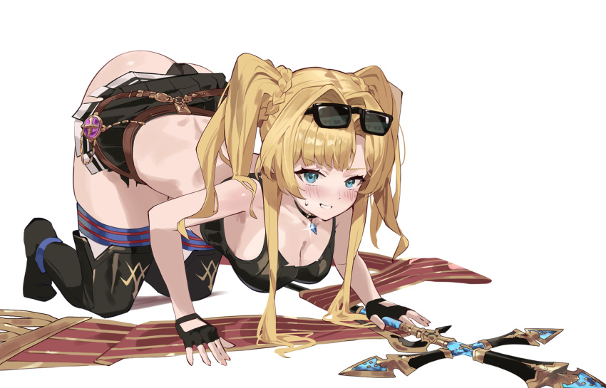 ass blonde_hair blue_eyes blush glasses glasses_on_head granblue_fantasy granblue_fantasy_versus looking_at_viewer on_all_fours panties skirt spear sunglasses sunglasses_on_head zeta_(granblue_fantasy)