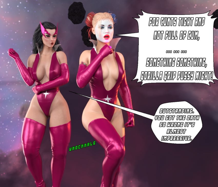 2girls 3d 3d_(artwork) artist_name ass batman_(series) big_ass big_breasts black_hair blonde_hair boots bottom_heavy breasts bust busty carol_ferris chest curvaceous curvy curvy_figure dc dc_comics dialogue elbow_gloves english_text female female_focus female_only fully_clothed gloves green_lantern_(series) harley_quinn harley_quinn_(arkham) harley_quinn_(suicide_squad_game) hips hourglass_figure huge_ass huge_breasts human knockkale large_ass large_breasts latex latex_clothing latex_gloves legs light-skinned_female light_skin mature mature_female multicolored_hair multiple_girls pink_boots revealing_clothes revealing_outfit slim_waist speech_bubble star_sapphire_(dc) star_sapphire_corps suicide_squad suicide_squad:_kill_the_justice_league supervillain supervillainess text thick thick_hips thick_legs thick_thighs thigh_boots thighs top_heavy villain villainess violet_lantern voluptuous waist wide_hips