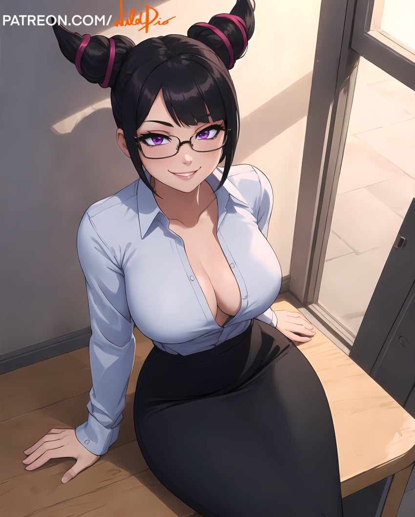 ai_generated big_breasts black_hair bob_cut female female_only formal formal_clothes formal_wear glasses juri_han leaning_back office_lady purple_eyes purple_hair shirt_only sideboob sitting skirt slim_waist smile smiling smiling_at_viewer street_fighter street_fighter_6 thick_thighs tied_hair tight_clothes two_tone_hair underboob wide_hips wilddio workplace