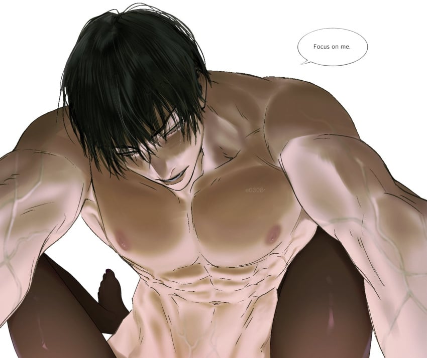 1boy 1girls abs anonymous_female barefoot between_legs black_eyes black_hair collarbone completely_nude dark-skinned_female dialogue e0308r english_text female female_pov giaring groin head_down highres jujutsu_kaisen leaning_forward looking_at_viewer looking_up lower_teeth_only male male_focus muscular_male nipples nude parted_lips partial_female pectorals pov reaching reaching_towards_viewer short_hair simple_background spread_legs straight teeth thighs toji_fushiguro upper_body veins veiny_arms veiny_crotch