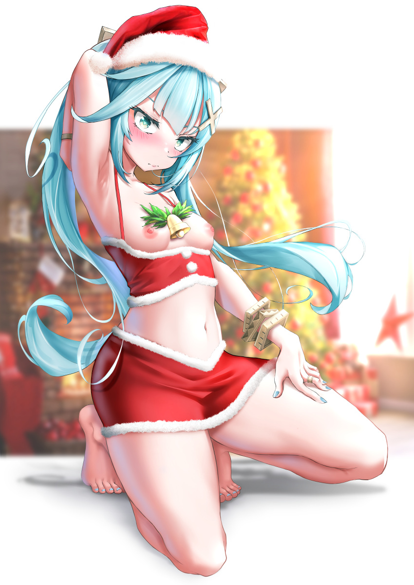 1girls arm_up armpits blue_eyes blue_hair blush breasts christmas faruzan_(genshin_impact) female female_focus female_only genshin_impact hungz looking_at_viewer nail_polish neck_bell new_year nipples one_arm_up pink_nipples revealing_clothes santa_hat small_breasts solo solo_female solo_focus thick_thighs thighs toenail_polish twintails