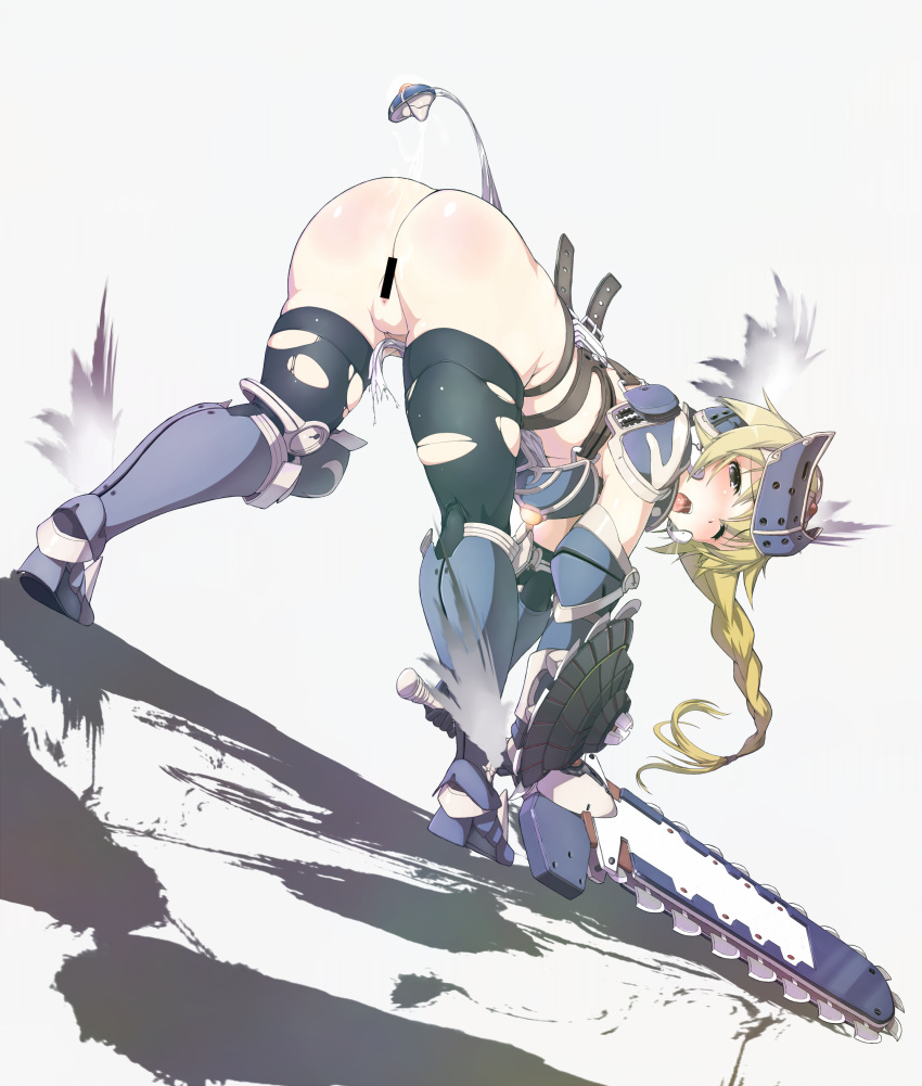 again alternate_hair_color armor ass bent_over black_legwear blonde_hair blush boots censored female from_behind high_resolution long_hair looking_back mirim open_mouth pussy queen's_blade queen's_blade_rebellion shield solo standing sword thighhighs torn_clothes weapon wince wink