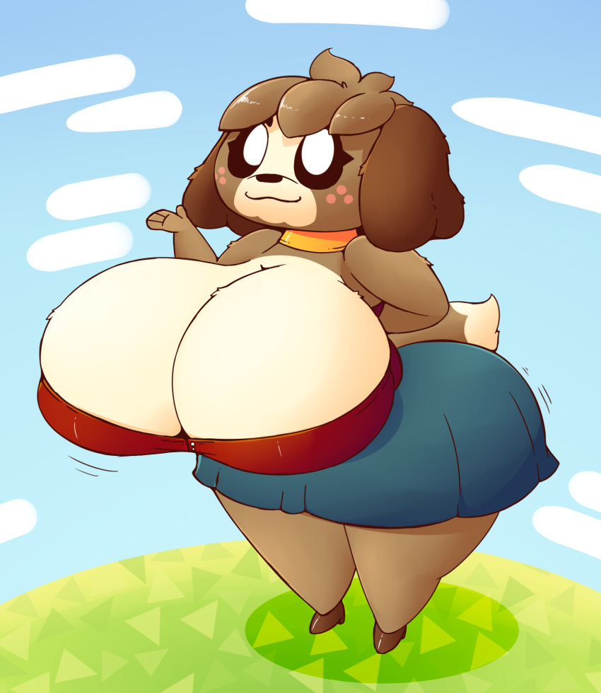 1girls 2019 animal_crossing anthro anthrofied big_ass big_breasts big_butt breasts_bigger_than_head brown_body canid canine cleavage clouds digby_(animal_crossing) genderswap_(mtf) hi_res hips_wider_than_shoulders hourglass_figure huge_breasts huztar hyper hyper_breasts nintendo rule_63 skirt tail_tuft thick_thighs two_tone_body wide_hips